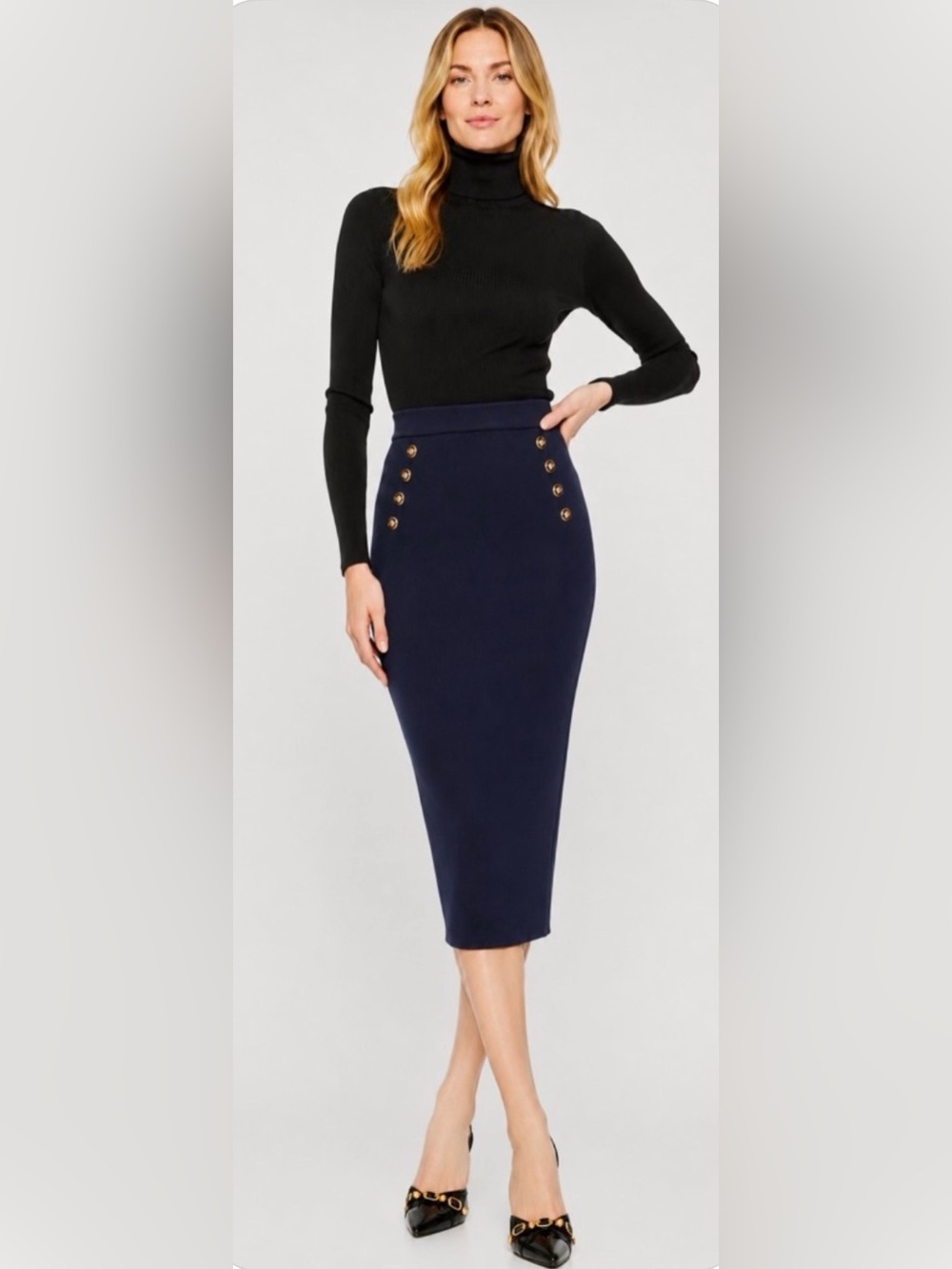 NWT Alexia Admor Ribbed Knit Midi Skirt Size L Navy Blue Nautical Office Casual